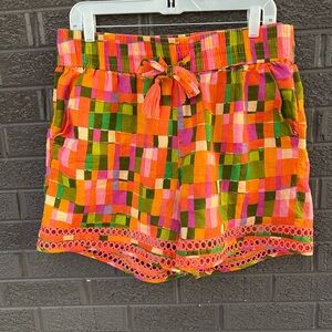 C&C California Orange Pink Green Check-Print  Shorts ,Sz XL 100%Linen